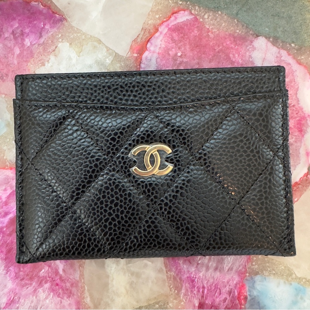 NWT Authentic Chanel Black & Gold Classic Caviar Leather Cardholder